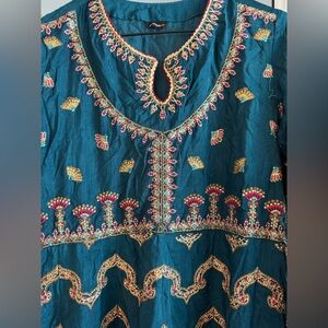 Sapphire bridal heavy Embroidered Teal Dress with Gold and Red Accents